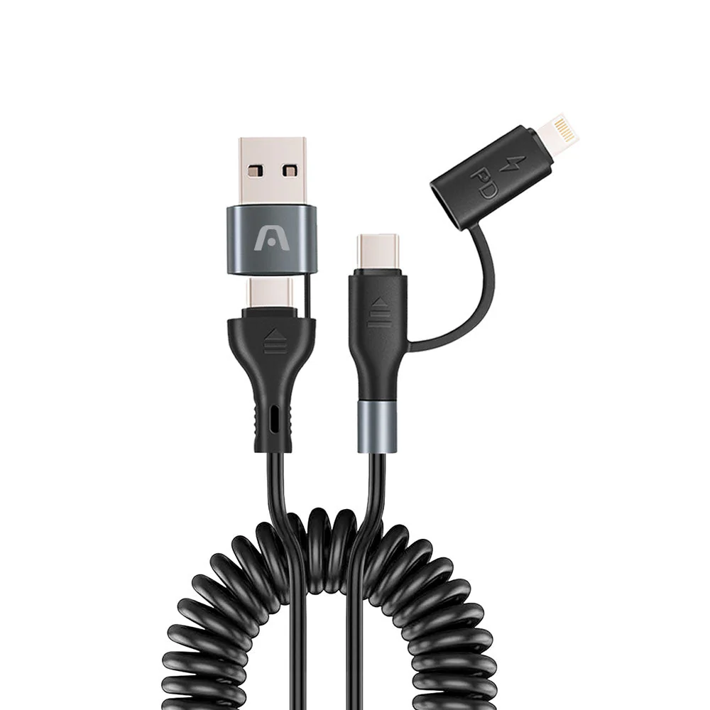 Argom Tech 4 in 1 USB A + Type C to Type C + Lightning cable – 6Ft. Dura Coil 3A Charge & Sync Cable